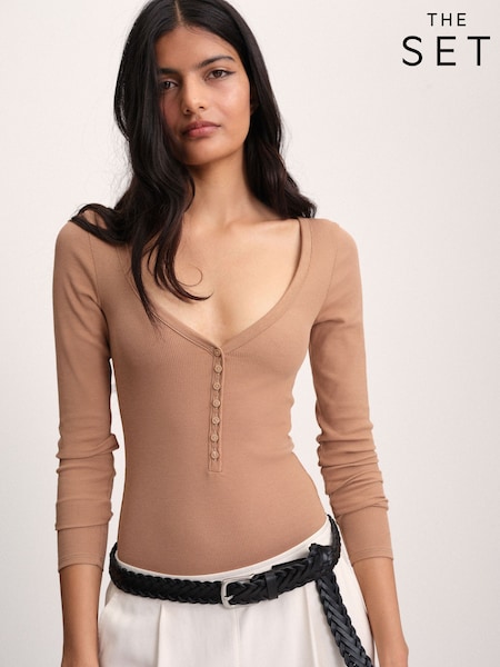 Oat Marl/Brown/Cinnamon - The Set Ribbed Button Henley Bodysuits 3 Pack