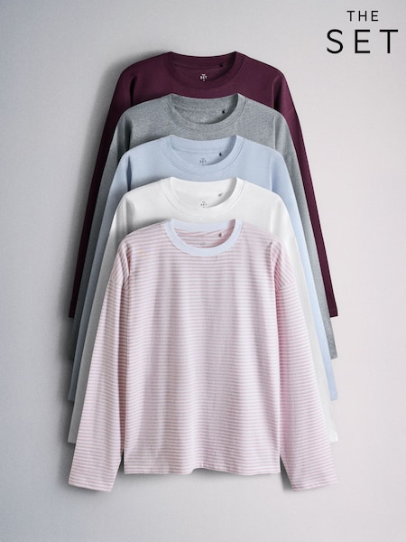 Blue/Burgundy/Grey Marl/White/Stripe - The Set 5 Pack 100% Cotton Relaxed Long Sleeve T-shirts