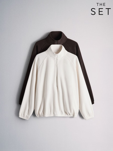 Brown/Cream - The Set 2 Pack Funnel Neck Micro Fleece Zip Jumpers
