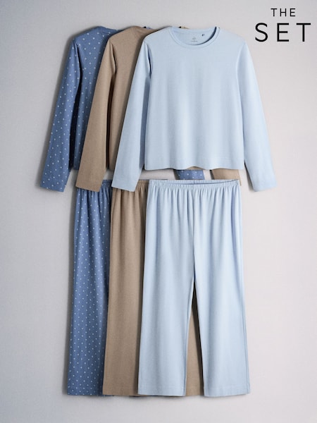 Blue/Light Taupe/Blue Star Print - The Set 3 Pack Long Sleeve Cotton Pyjamas