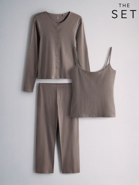 Taupe - The Set 3 Piece Pointelle Button Through Trousers Pyjamas Set