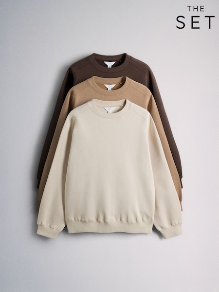 Cream/Brown/Chocolate - The Set 3 Pack Saddle Sleeve Crew Neck Sweatshirts