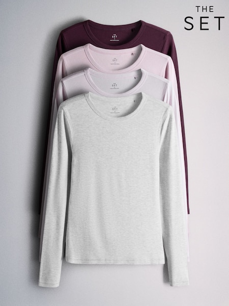 Pink/Burgundy/Grey/Lilac - The Set 4 Pack Slinky Rib Long Sleeve Slim Fit T-shirts