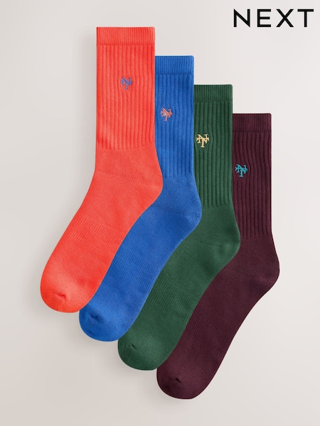 Bright Red/ Blue Logo - Regular Cushioned Sports Socks 4 Pack