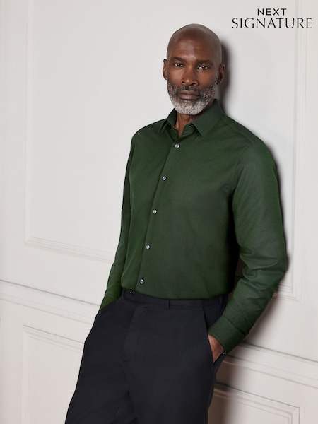 Green - Slim Fit Signature Cotton Modal Blend Smart Shirt With Contrast Trim