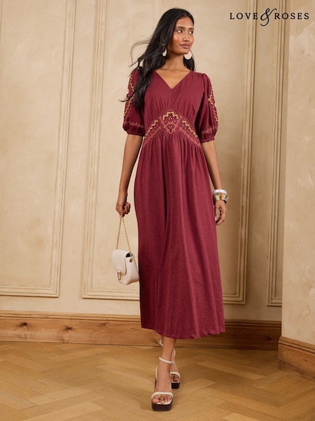 Burgunder Rød - Love & Roses Embroidered V-neck Midi Dress