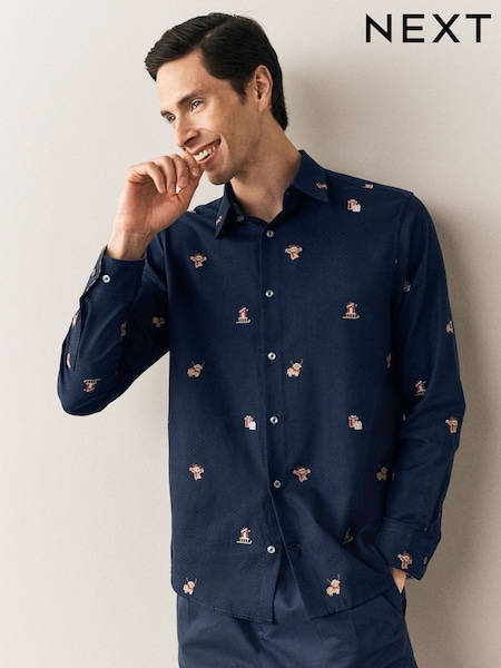Navy Hamish - Regular Regular Fit Embroidered Long Sleeve Christmas Shirt