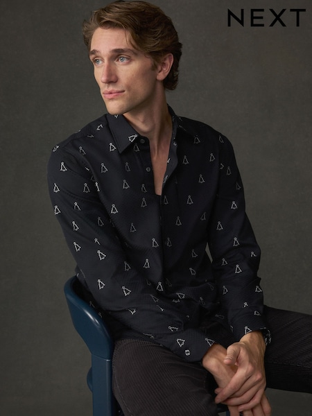 Black - Regular Regular Fit Embroidered Long Sleeve Christmas Shirt