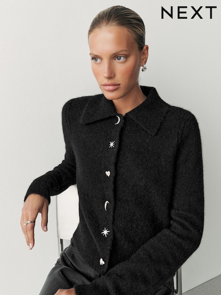 Black - Knitted Collar Cardigan With Wool