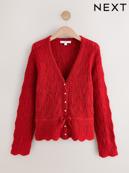 Red - Pointelle Knit Tie Waist Cardigan