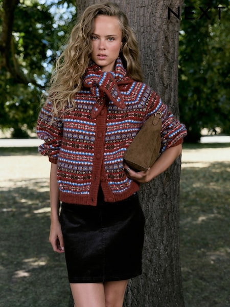 Brown Multi Fairisle - Long Sleeve Crew Neck Bomber Cardigan