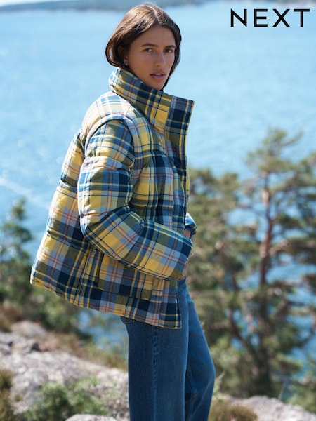 Yellow/Blue Check - Short Puffer Jacket With Removable Sleeves