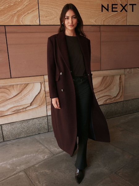 Burgundy Red Detachable Fur Collar - Double Breasted Maxi Formal Revere Coat