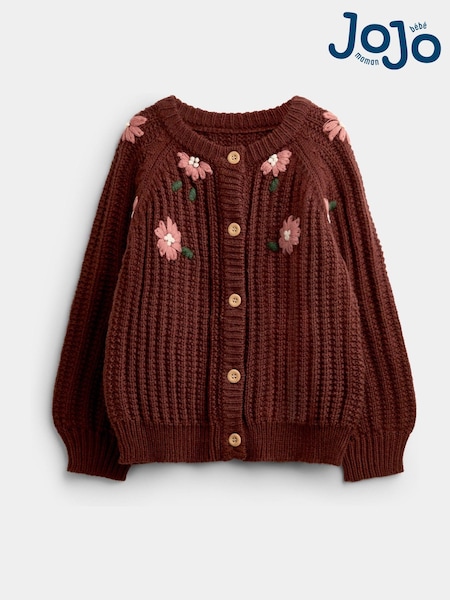 Mid Brown Floral - Jojo Maman Bébé Embroidered Rib Knit Cardigan