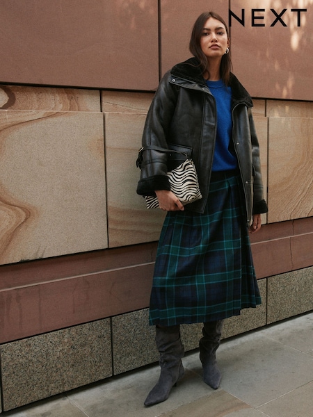 Black - Faux Leather Funnel Neck Longline Jacket With Fur Lining