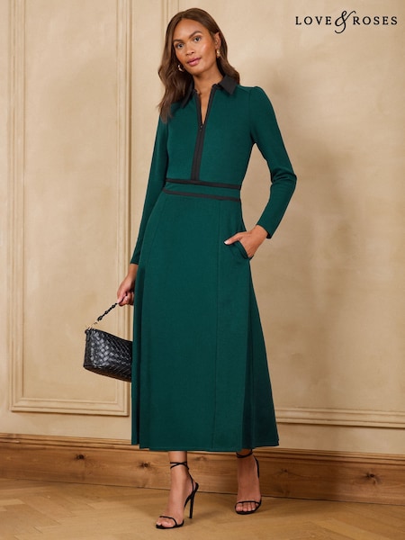 Forest Green - Love & Roses Contrast Ponte Midi Dress