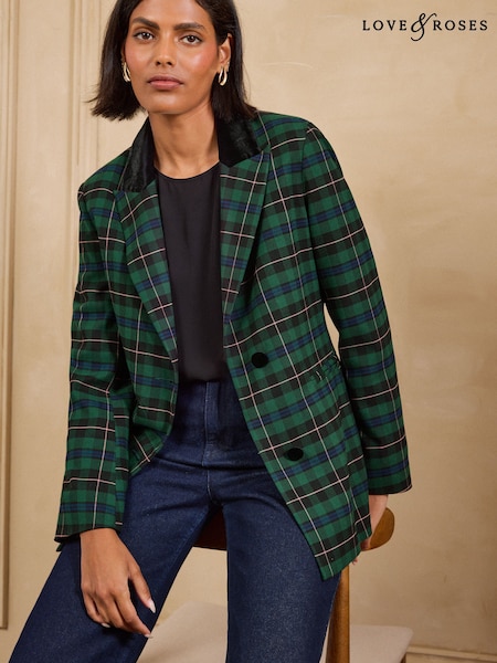 Forest Green - Love & Roses Tailored Tartan Velvet Detail Blazer