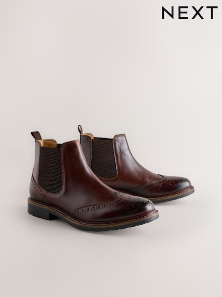 Tan Brown - Regular Brogue Leather Chelsea Boots