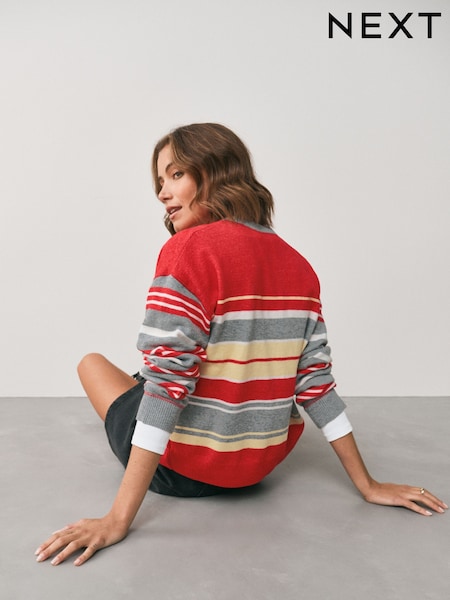 Red Multi - Supersoft Crew Neck Long Sleeve Jumper