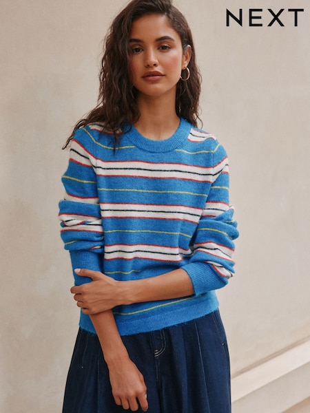 Blå Multi Randig - Rund hals långärmad stickad Jumper