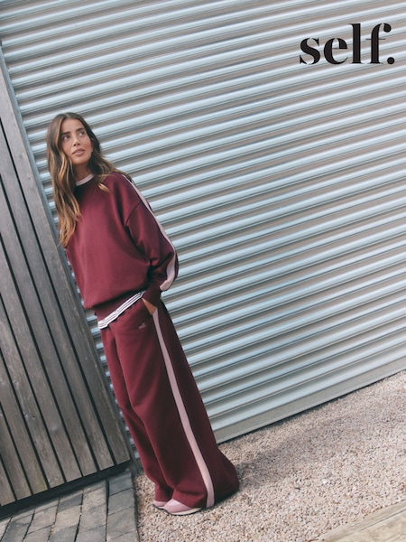 Burgundy Red - Self. Side Stripe Wide Leg Joggers