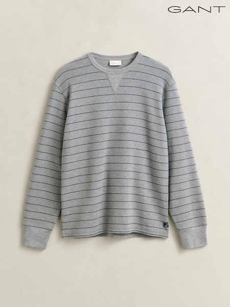Grey - Regular Gant Micro Texture Stripe Crew Neck Knit Jumper