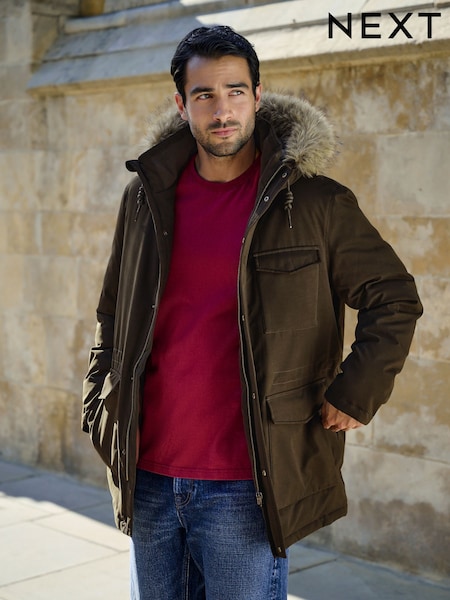 Khaki Green - Regular Shower Resistant Faux Fur Hooded Parka With Quilted Lining