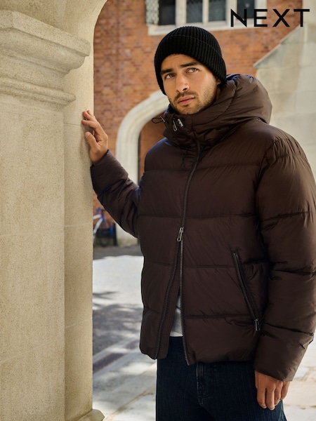棕色 - Regular Shower Resistant Puffer Jacket