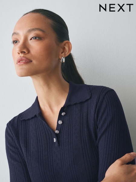 Navy Blue - Soft Touch Pointelle Gem Button Knit Polo Long Sleeve Top