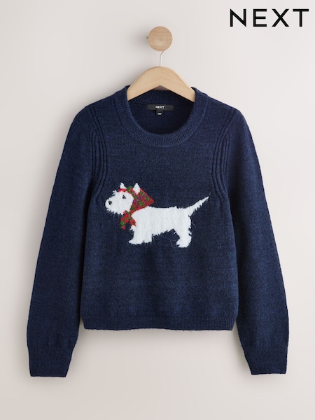 Navy Dog Graphic - Crew Neck Long Sleeve Knitted Jumper