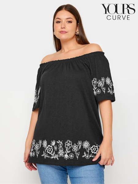 Schwarz - Yours Curve 100% Cotton Embroidered Detail Bardot Top (Y56484) | 41 €