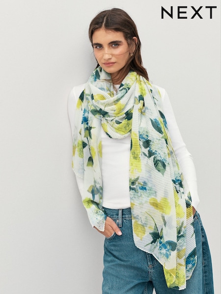 Blue/Yellow Floral Plisse - Lightweight Scarf