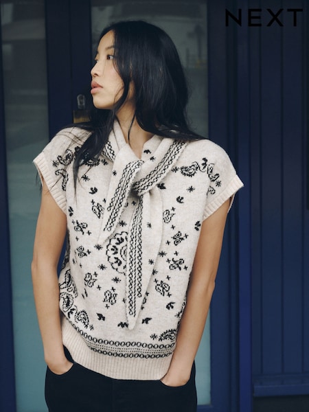 Monochrome Bandana Print - Tie Neck Knitted Tank Top