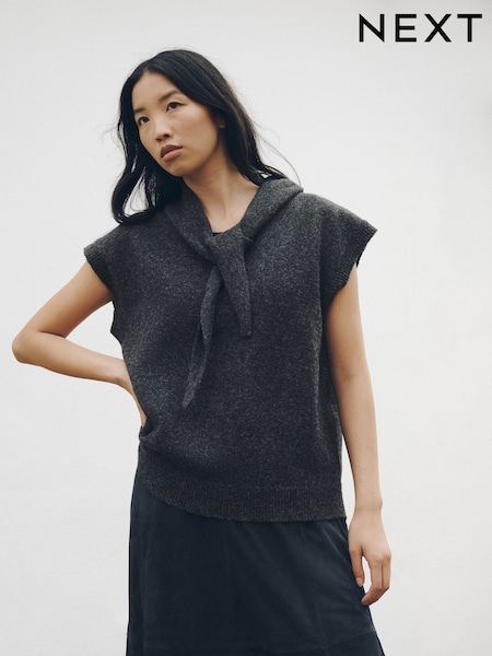 Charcoal Grey - Tie Neck Knitted Tank Top