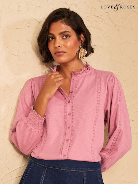 Rose Pink - Love & Roses 3/4 Sleeve Broderie Top