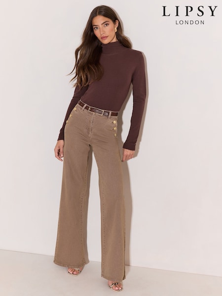Neutral - Lipsy High Waist Sailor Buttons Wide Leg Jeans
