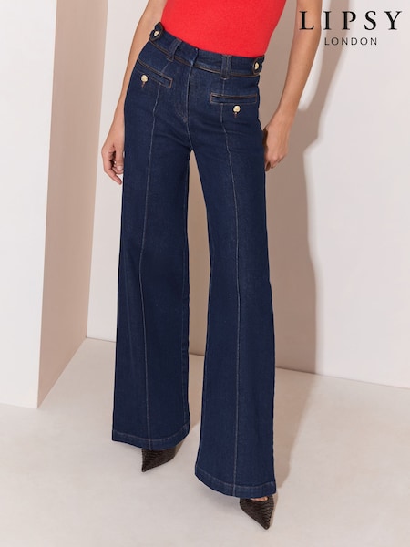 Färgtvättade - Lipsy Faux Leather Trim Skräddarsydda Breda ben Jeans