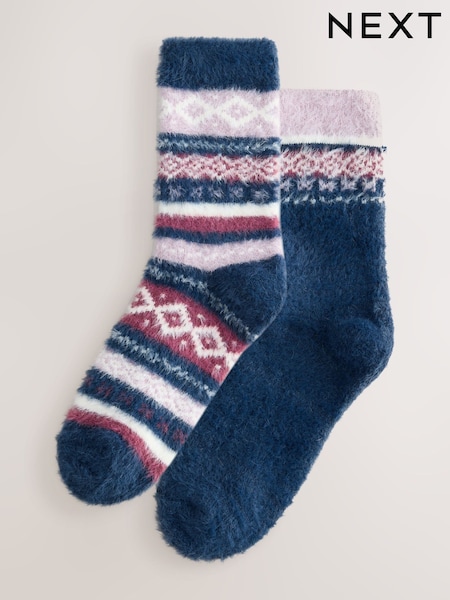 Navy Blue/Purple Fairisle - Super Furry Cosy Socks 2 Pack