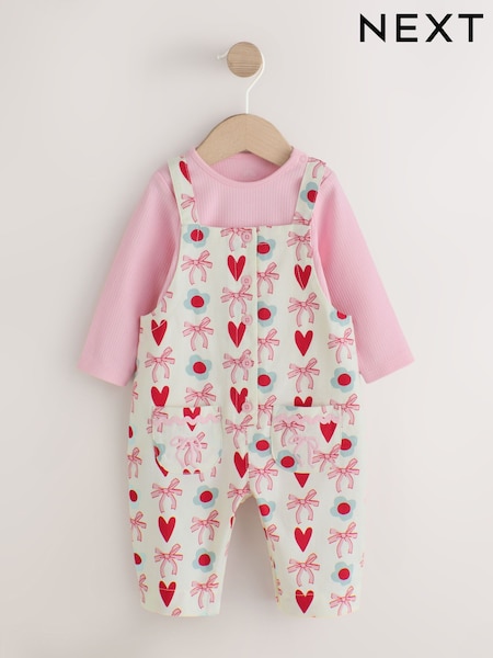 Ecru/Pink Bow And Heart - Long Sleeve Bodysuit And Woven Dungarees Set 2 Piece (0mths-2yrs)