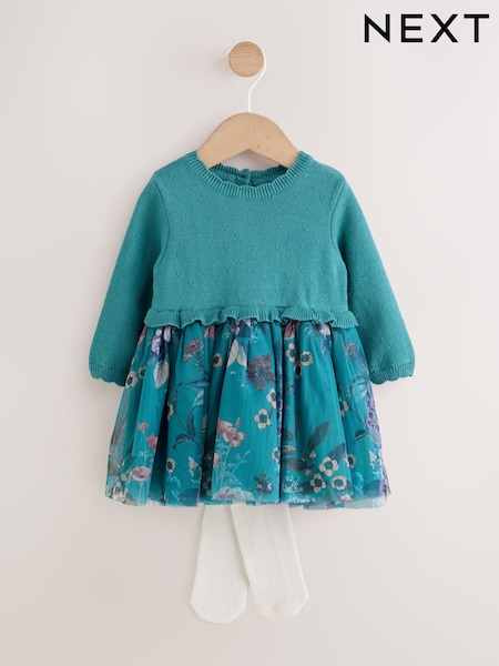 Teal Floral - Twofer Knit & Mesh Baby Dress & Tights Set 2 Piece (0mths-2yrs)