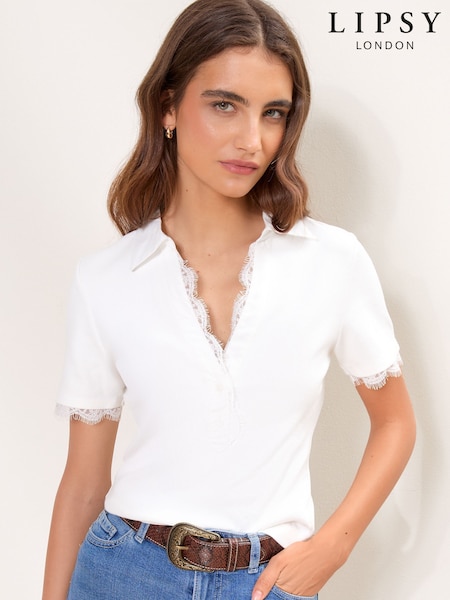 White - Lipsy Lace Trim Short Sleeve Polo Shirt