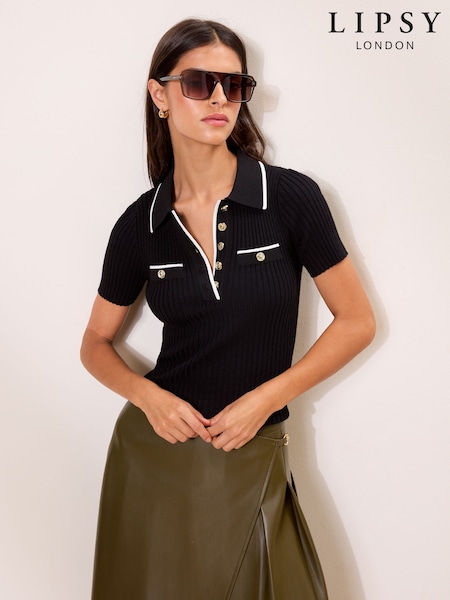 Monochromatyczny - Lipsy Short Sleeve Knitted Polo Top With Wool