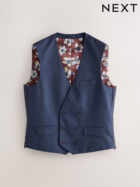 Navy - Regular Regular Fit Double Breasted Trimmed Puppytooth Texture Suit Waistcoat