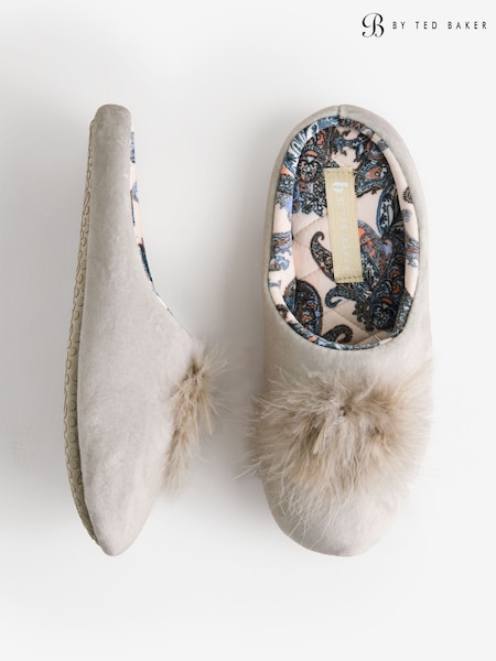 Nevtralno - B By Ted Baker Neutral Velour Slippers With Faux Feather Pom