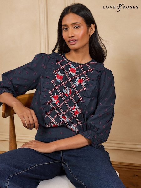 Karinis jūrų laivynas - Love & Roses Floral Embroidered 3/4 Sleeve Blouse
