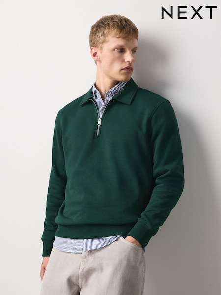 Dark Green - Regular Regular Fit Zip Neck Polo Sweatshirt