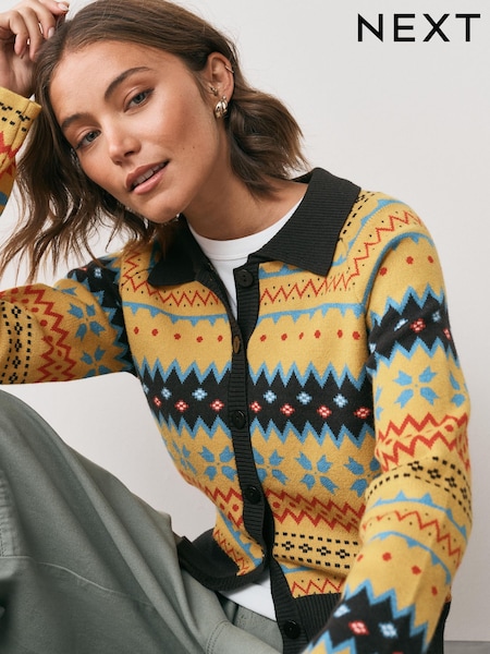 Yellow Fairisle - Button Up Collared Cosy Knit Cardigan