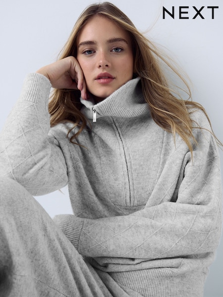Szary - Quarter Zip Cosy Knit Jumper