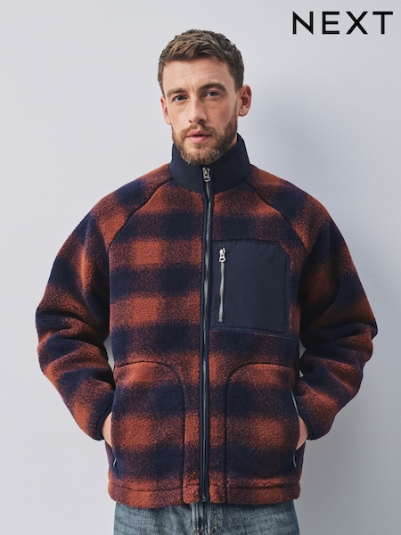 بني فاتح/أزرق كحلي - Regular Check Fleece Zip Up Jacket