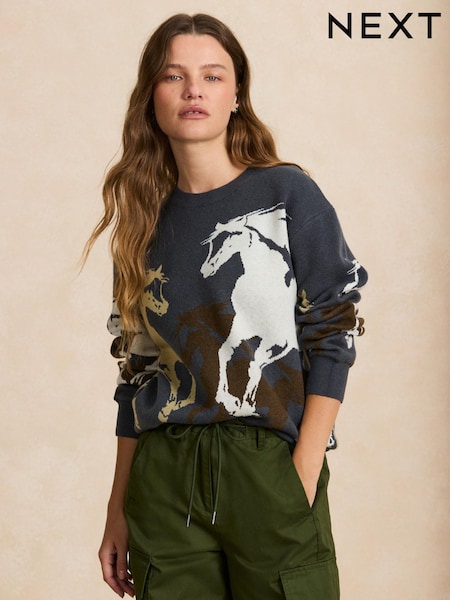 Blue - Crew Neck Horse Graphic Knit Look Jumper